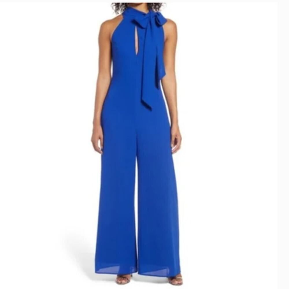 Mark & James By Badgley Mischka Keyhole Side Tie Neck Jumpsuit Blue Sz 4 NWT